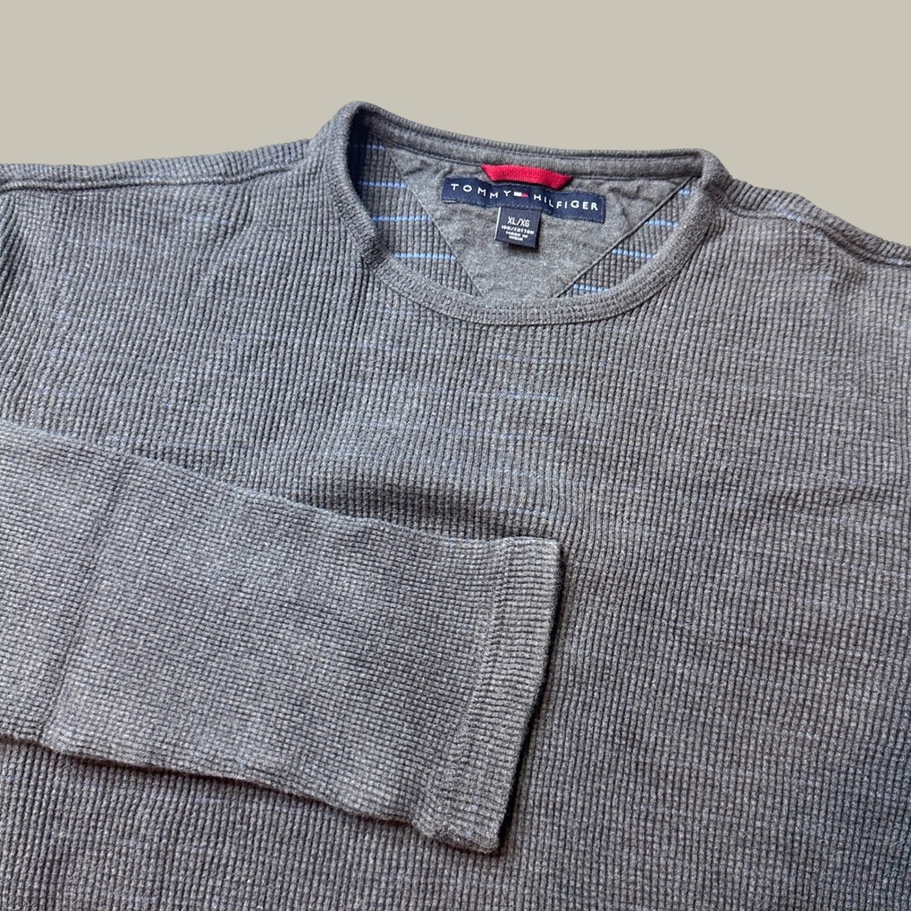 Vintage Tommy Hilfiger Shirt Mens XL Waffle Knit Grey Long Sleeve Cotton Y2K